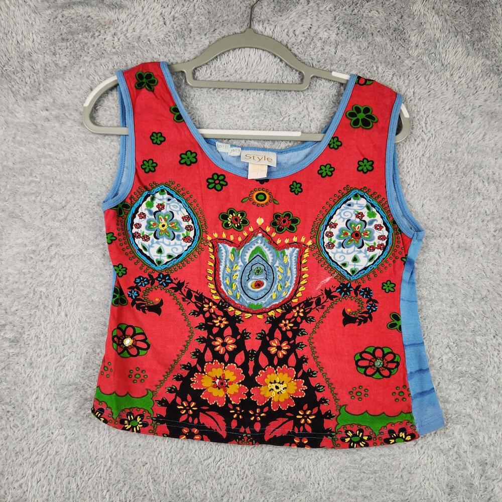 Vintage California Style Top Womens Large Multicolor Embroidered Floral Boho Y2k